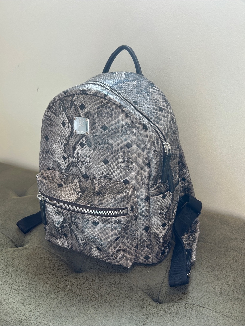 MCM Gray Snake-Print Backpack